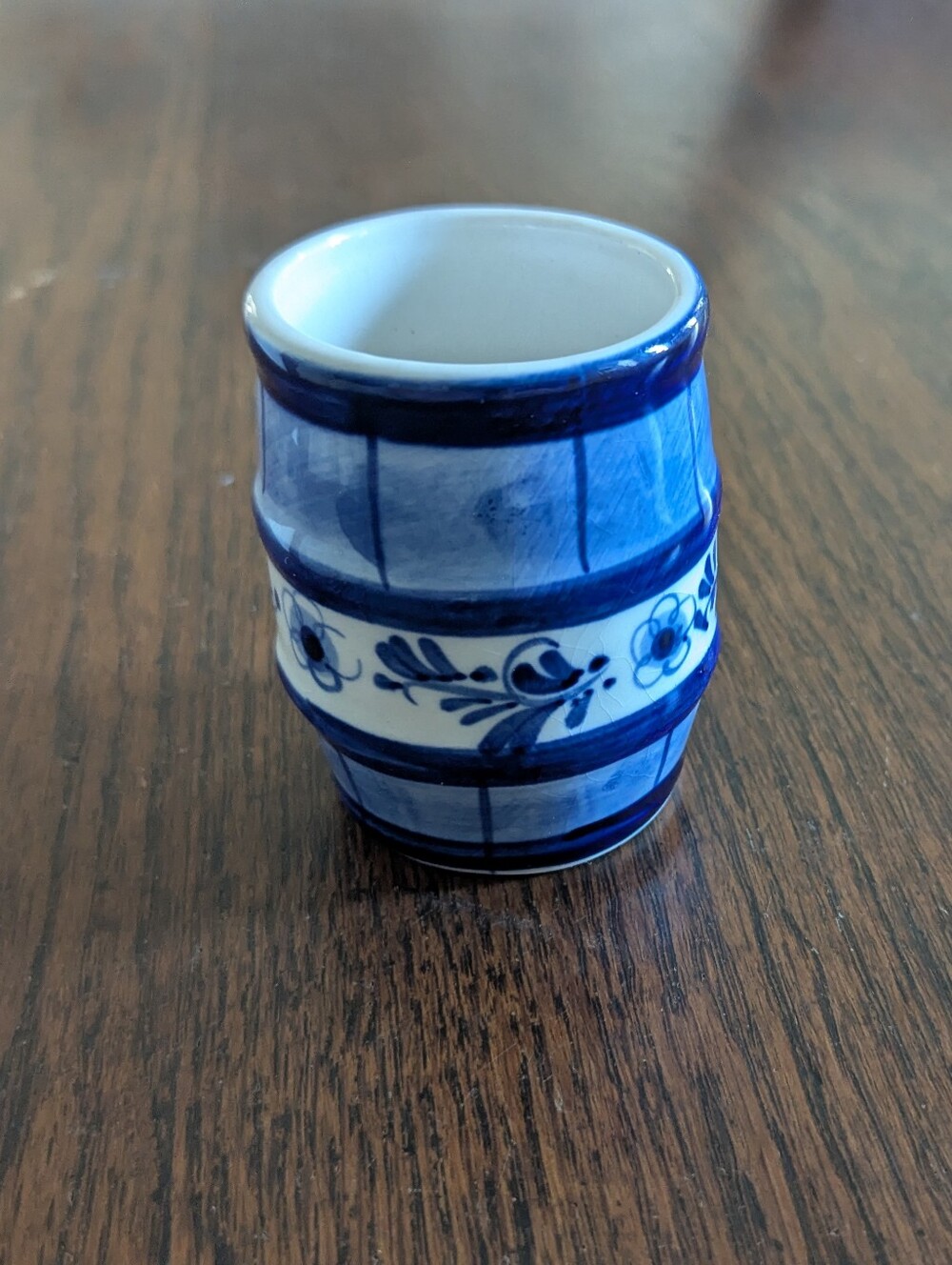 Vintage Hand painted Delft Blue Floral Barrel Toothpick Holder Shot Glass Signed